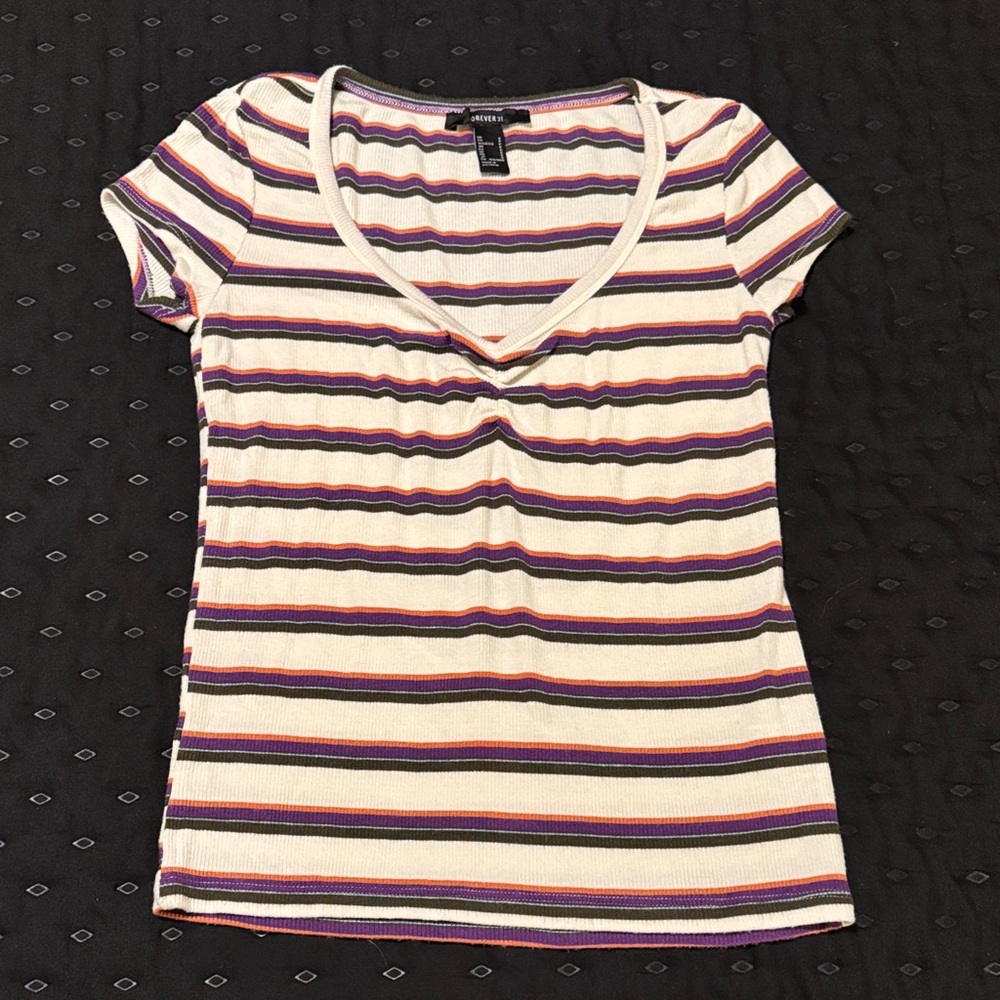 Forever 21 Striped V-Neck Tee - Cream, Purple, Red